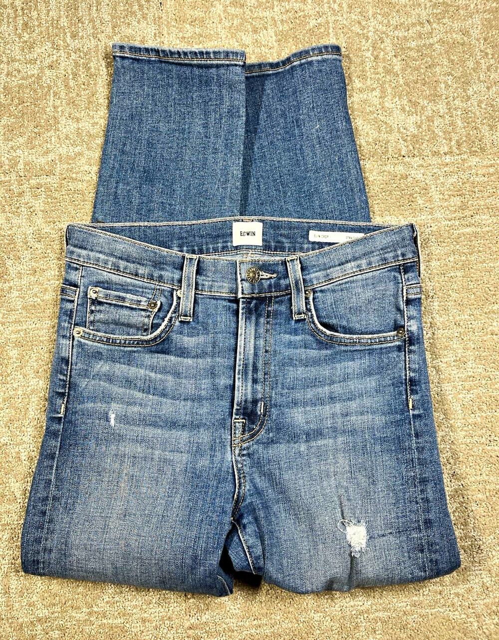 Edwin Elin Crop Mid Rise Slim Straight Stretch Medium Wash Blue Denim Jeans 26